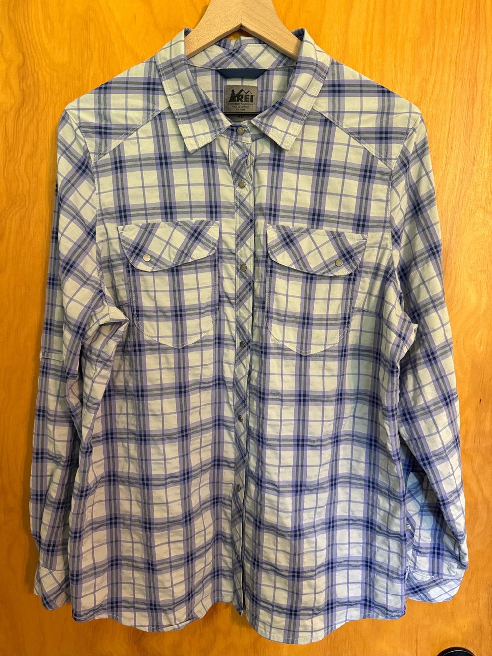 REI Active Women Purple Outdoor Plaid Snap Button Up Shirt Size XL